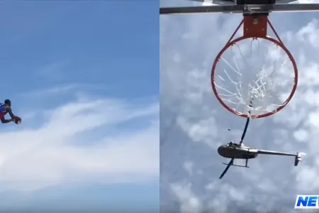 Amerikalı basketbolçu topu təyyarədən səbətə atdı - VİDEO