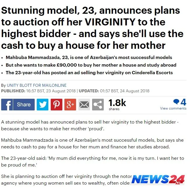 Azərbaycanlı modelin 100 minlik bakirəliyi Britaniya mətbuatında - FOTO