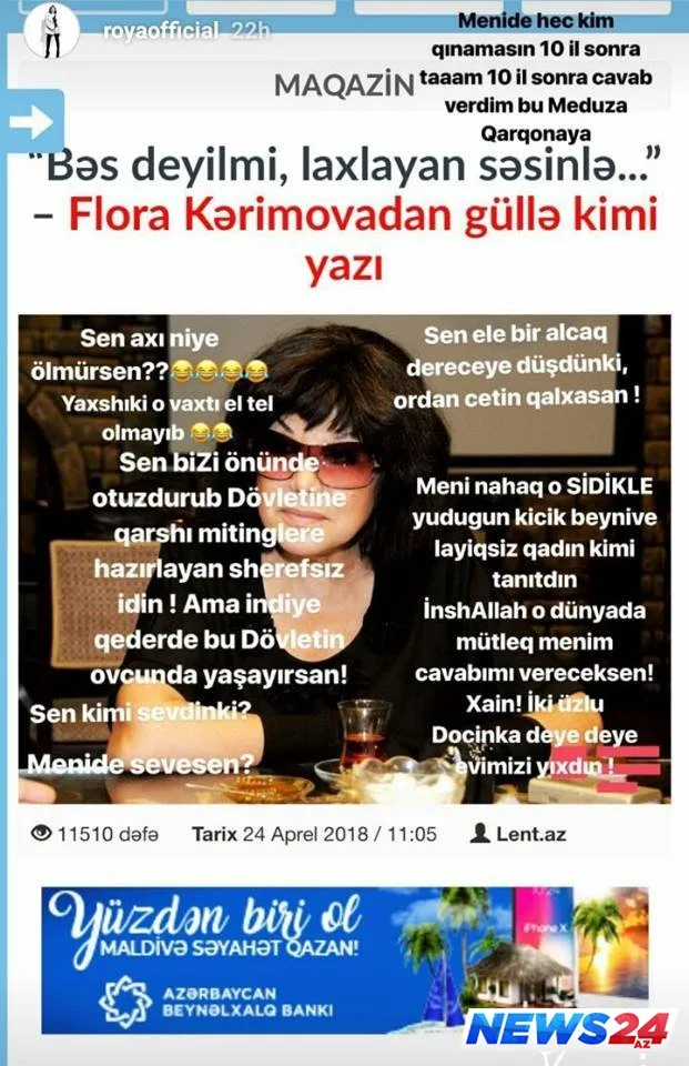 Röyanı məhkəməyə verən Flora Kərimova hədələdi