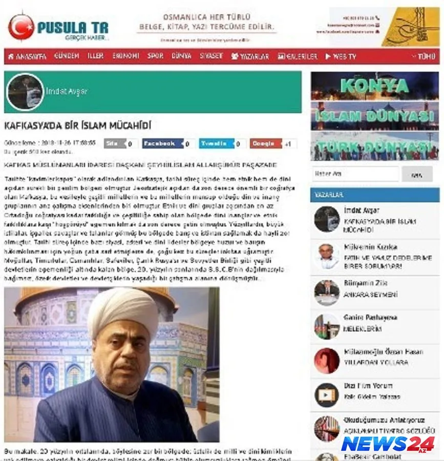 Türkiyə KİV-lərində Allahşükür Paşazadənin fəaliyyəti ilə bağlı məqalə yayımlanıb - FOTO