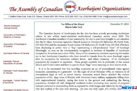 Kanada azərbaycanlıları erməni təxribatı ilə bağlı ölkənin rəsmi qurumlarına etiraz ünvanlayıblar