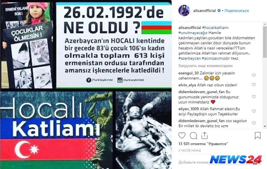 Türkiyəli məşhurların Xocalı paylaşımı