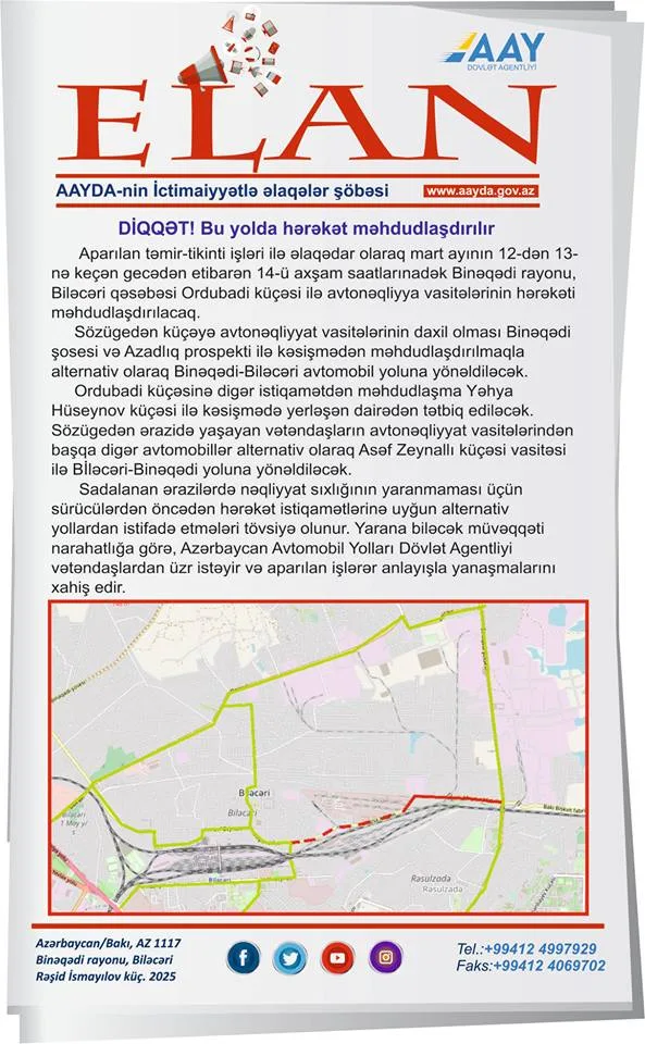 Biləcəridə avtonəqliyyat vasitələrinin hərəkəti məhdudlaşdırılacaq