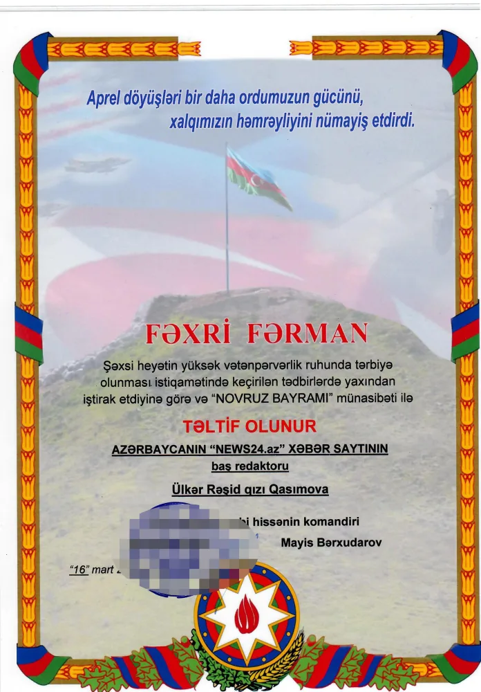 News24.az saytı general Mayis Bərxudarov tərəfindən təltif olundu - FOTO