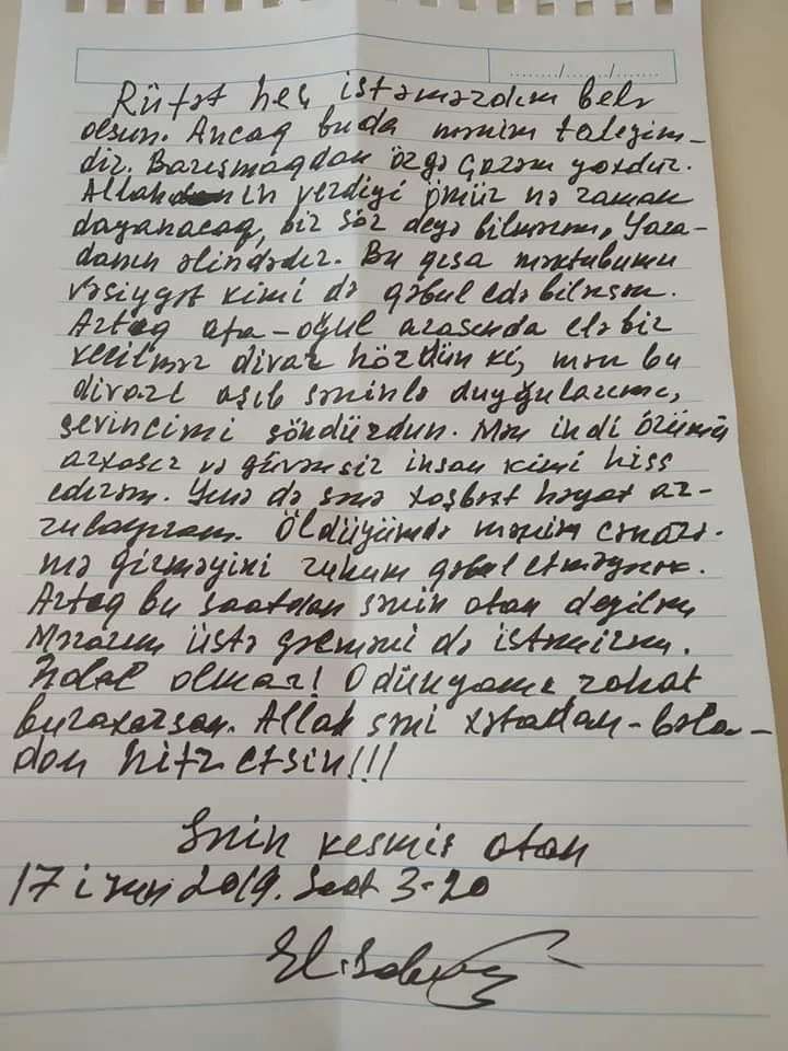 Eldar Sabiroğlu oğlundan imtina etdi - Məktubu