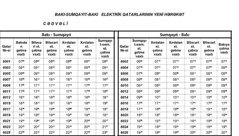 Sabunçu və Sumqayıt qatarlarının hərəkətində - DƏYİŞİKLİK - CƏDVƏL
