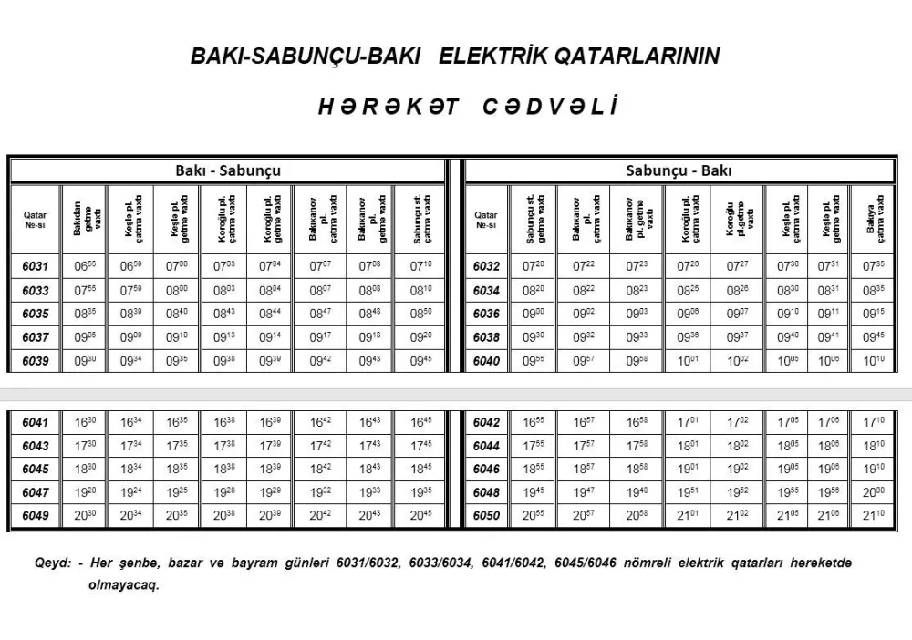 Sabunçu və Sumqayıt qatarlarının hərəkətində - DƏYİŞİKLİK - CƏDVƏL