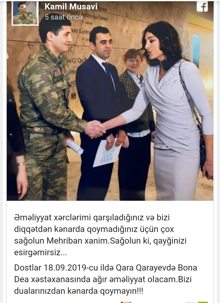 Mehriban Əliyeva Kamil Musəvinin əməliyyat xərclərini üzərinə götürdü