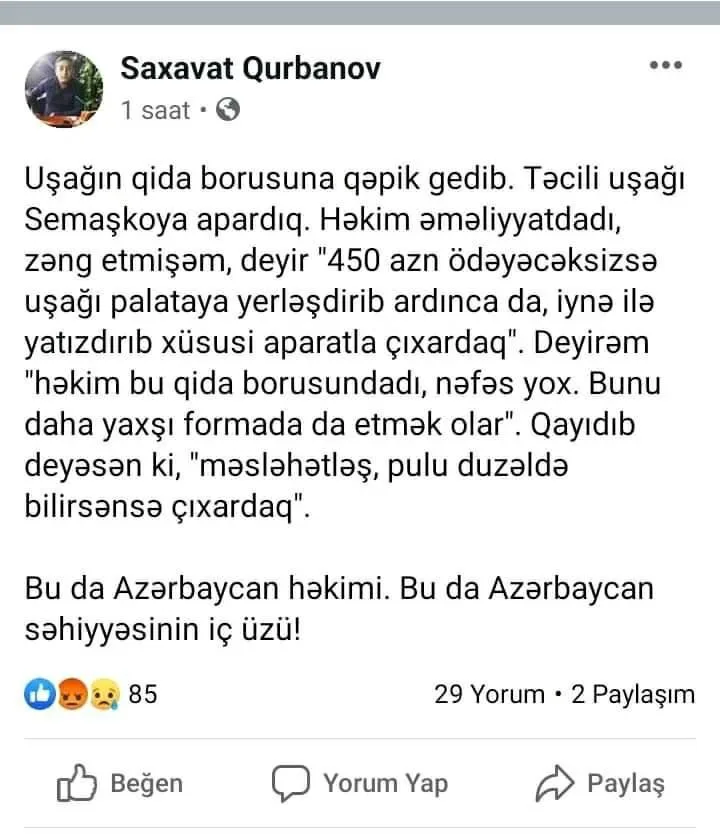Bakıda uşağın boğazına qaçan qəpiyi çıxartmaq üçün həkim pul istədi - "Pul ver çıxaraq"