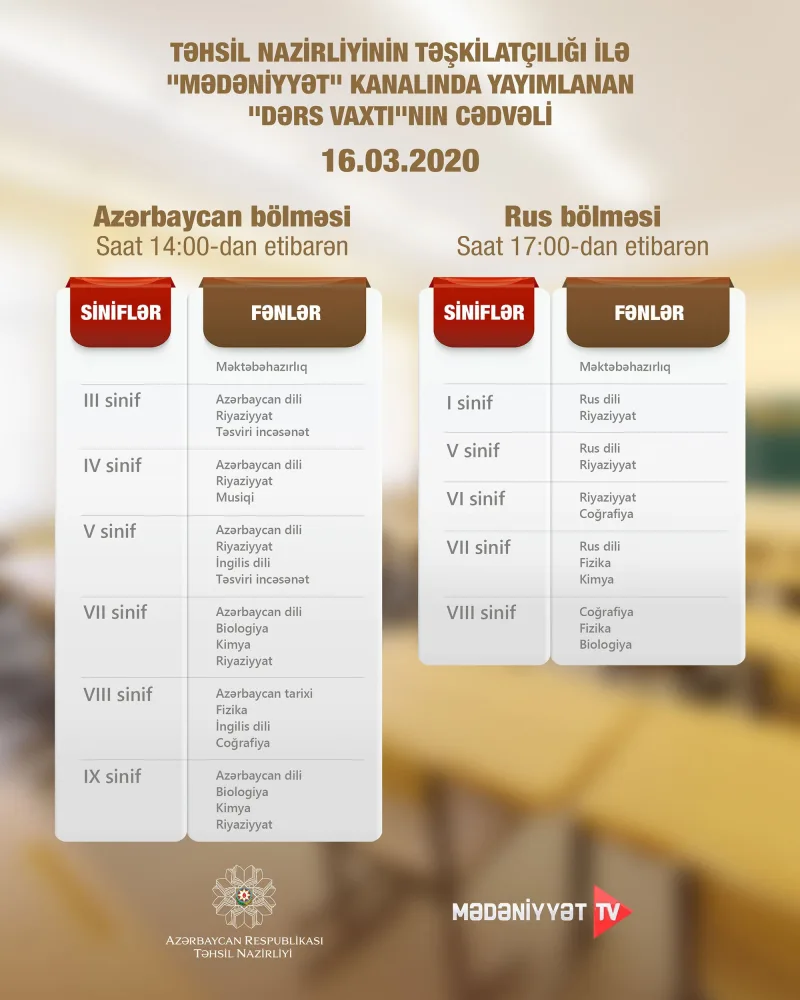 Rus bölməsi üçün də teledərslər başlayır - CƏDVƏL