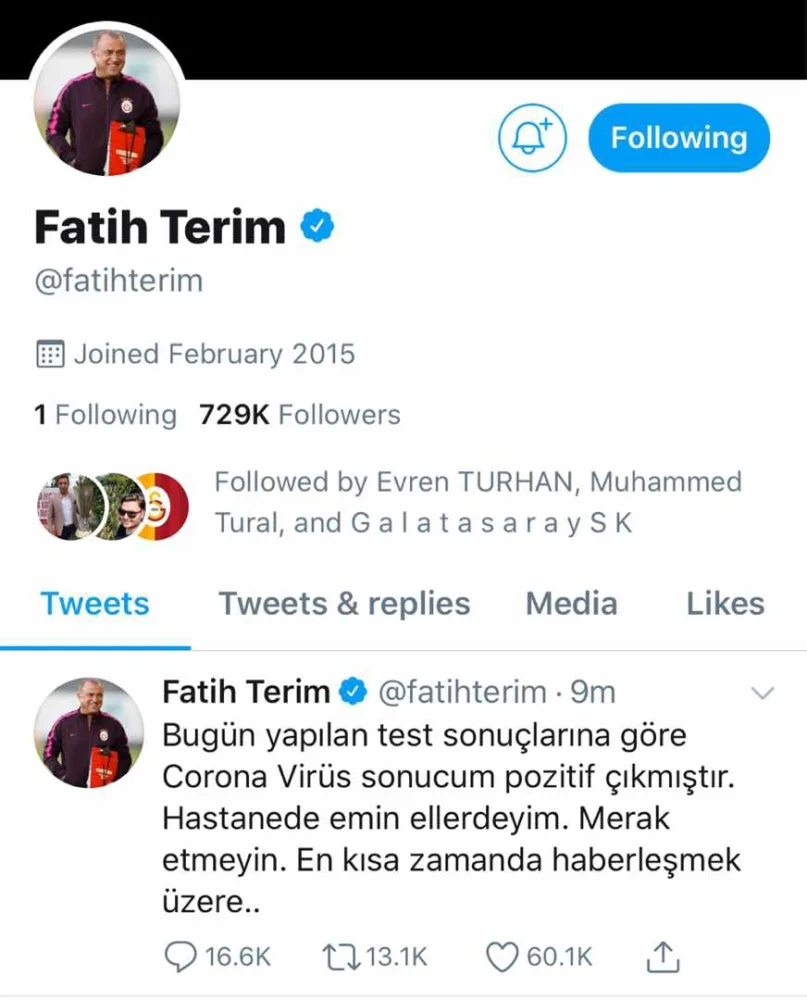 Fatih Terim koronavirusa yoluxub