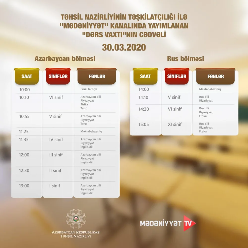 "Dərs vaxtı"nın 30 mart cədvəli  