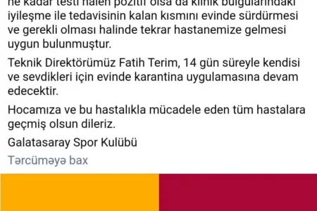 Koronavirusa düçar olan Fatih Terimdən - SON XƏBƏR