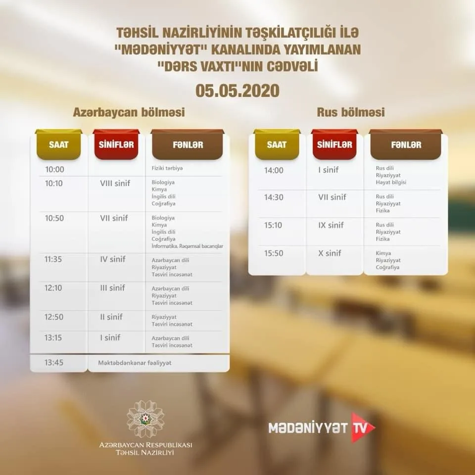 “Dərs vaxtı”nın sabaha olan - CƏDVƏLİ