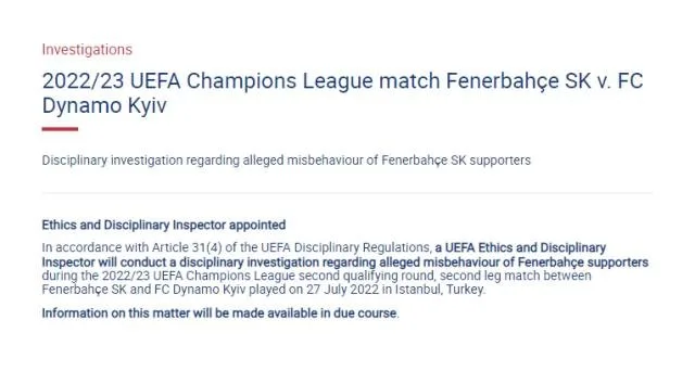 UEFA “Fənərbağça” matçında baş verənlərlə bağlı araşdırmaya başladı