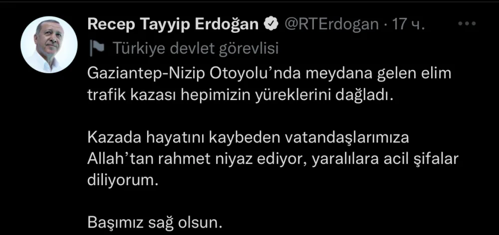 Ərdoğandan qəzada ölənlərlə bağlı BAŞSAĞLIĞI - FOTO