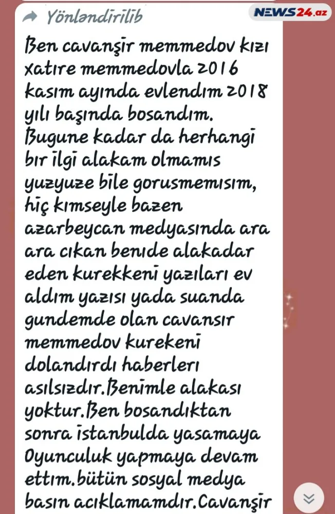 Cavanşir Məmmədovun keçmiş kürəkənindən - EKSKLÜZİV AÇIQLAMA- "MƏNDƏN ƏL ÇƏKİN"