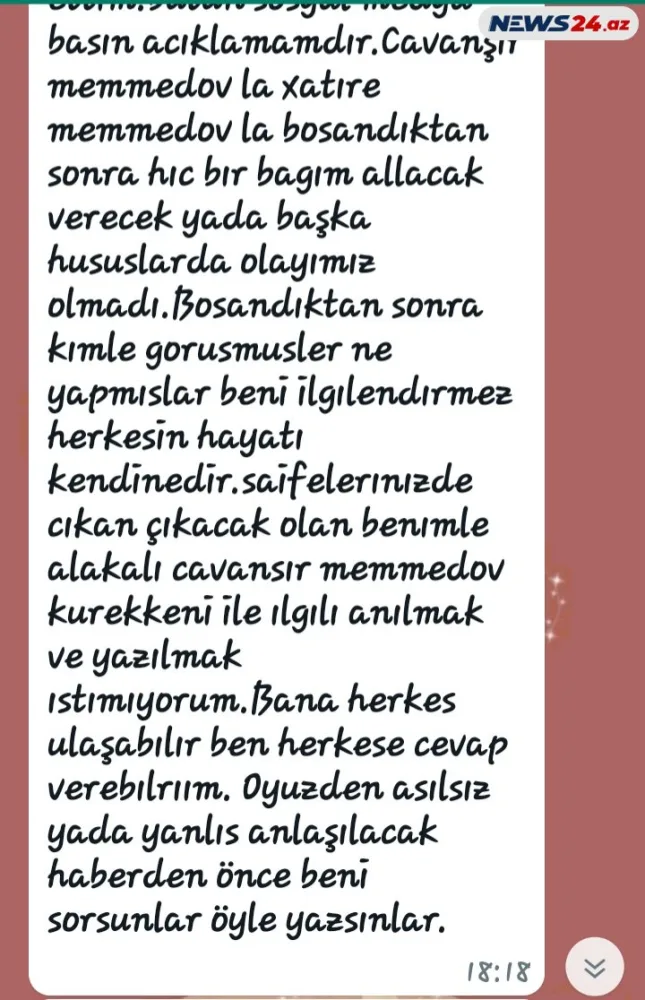 Cavanşir Məmmədovun keçmiş kürəkənindən - EKSKLÜZİV AÇIQLAMA- "MƏNDƏN ƏL ÇƏKİN"
