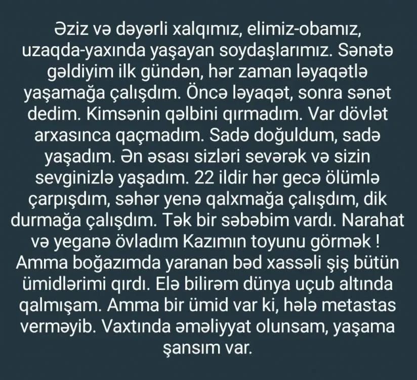 Könül Xasıyeva: "Əməliyyat üçün 254 min lazımdır"