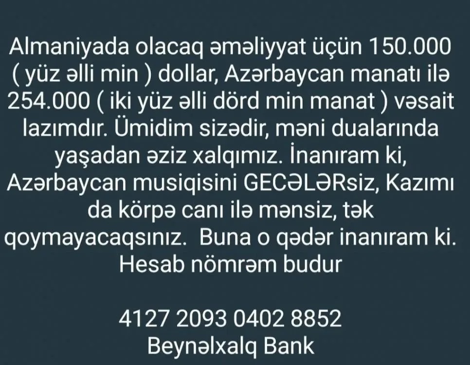 Könül Xasıyeva: "Əməliyyat üçün 254 min lazımdır"