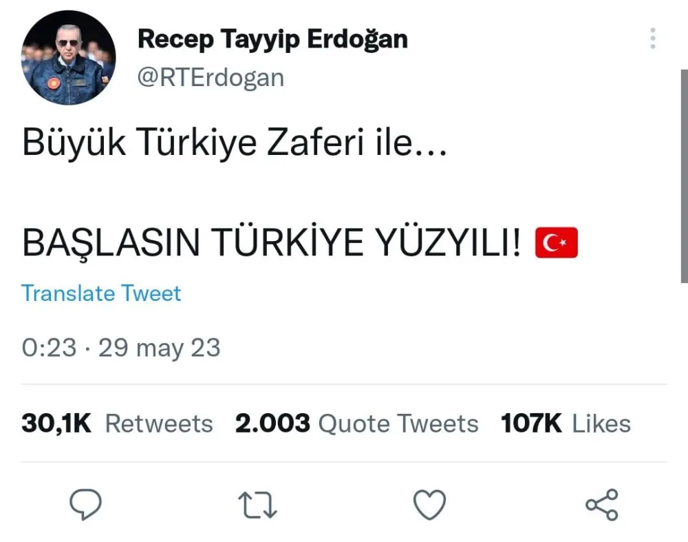 Ərdoğandan qələbə tviti: - Türkiyə əsri başladı!