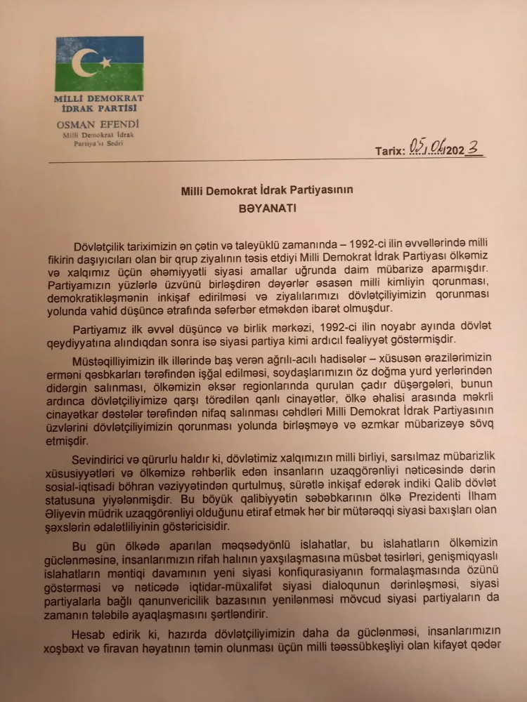 Daha bir partiya fəaliyyətini dayandırdı - — BƏYANAT