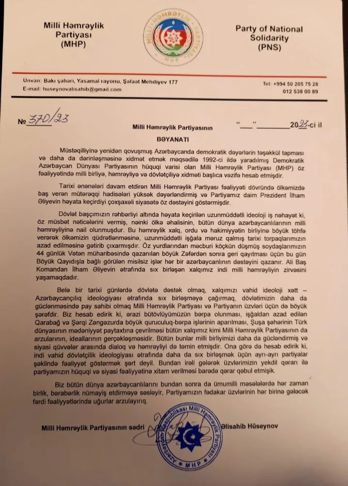 Azərbaycanda daha bir partiya özünü buraxdı - BƏYANAT