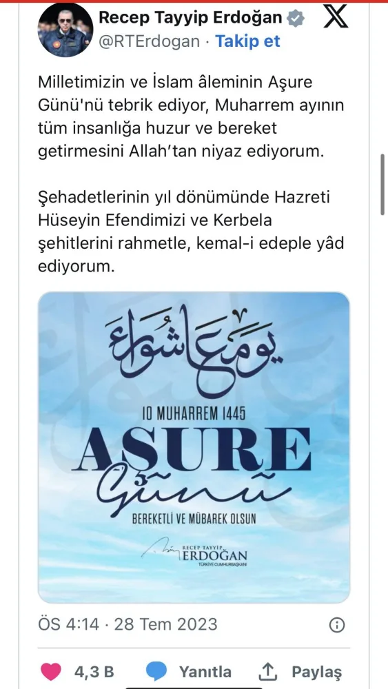 Ərdoğandan "Aşura günü" - paylaşımı