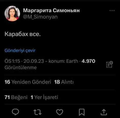 Simonyandan maraqlı paylaşım: - “Qarabağ, bitdi...”.
