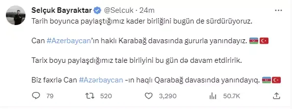Selçuk Bayraktardan Qarabağla bağlı - PAYLAŞIM