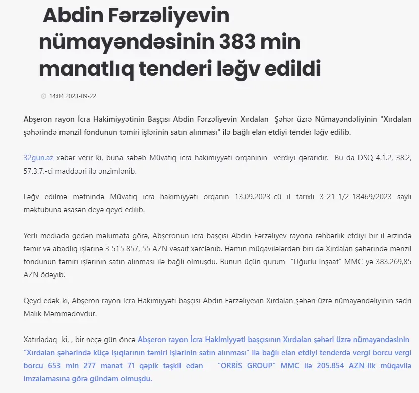 Abdin Fərzəliyevin nümayəndəsinin 383 min manatlıq tenderi ləğv edildi