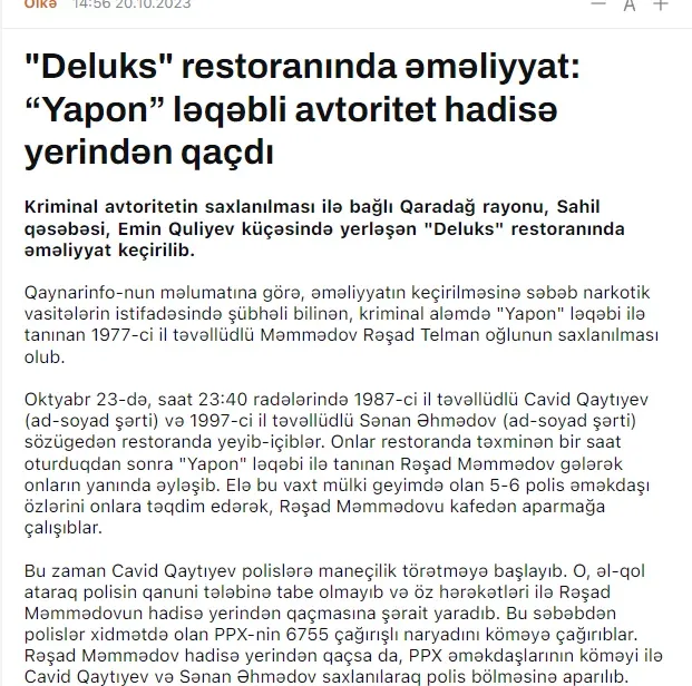 "Deluks" restoranında əməliyyat: - “Yapon” ləqəbli avtoritet hadisə yerindən qaçdı
