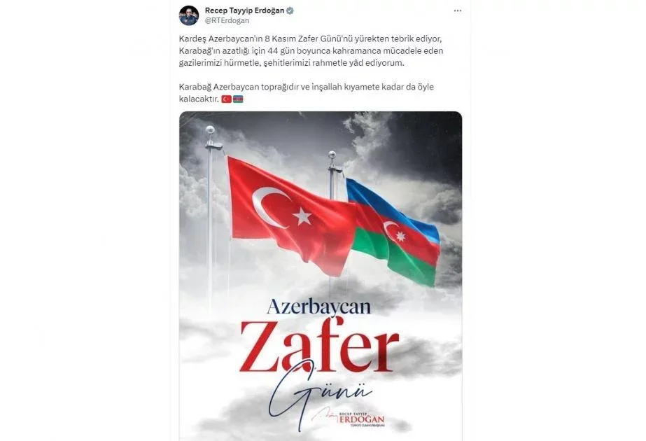 Ərdoğan Zəfər Günü ilə bağlı paylaşım edib - FOTO