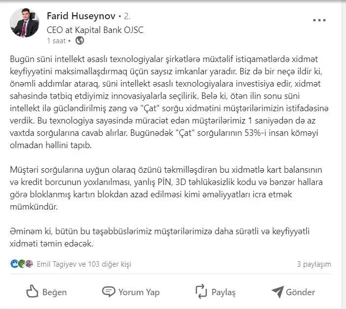 "Müştərilər 1 saniyədən də az vaxtda cavab alırlar" - “Kapital Bank” sədri