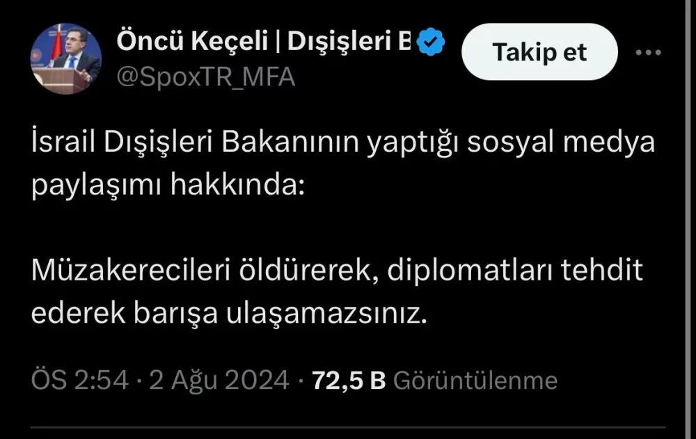 Türkiyədən İsrailə reaksiya: - Diplomatları hədələməklə sülhə nail ola bilməzsiniz