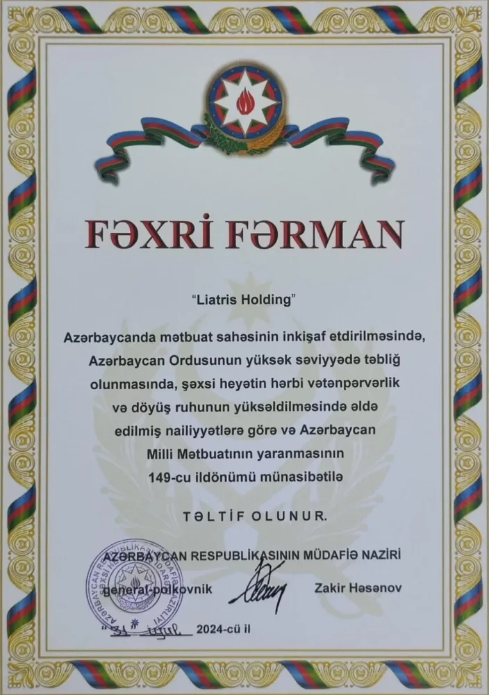 Müdafiə Naziri “Liatris Holding”i Fəxri Fərmanla - TƏLTİF ETDİ