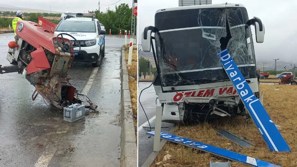 Avtobus ilə toqquşan traktor ikiyə bölündü