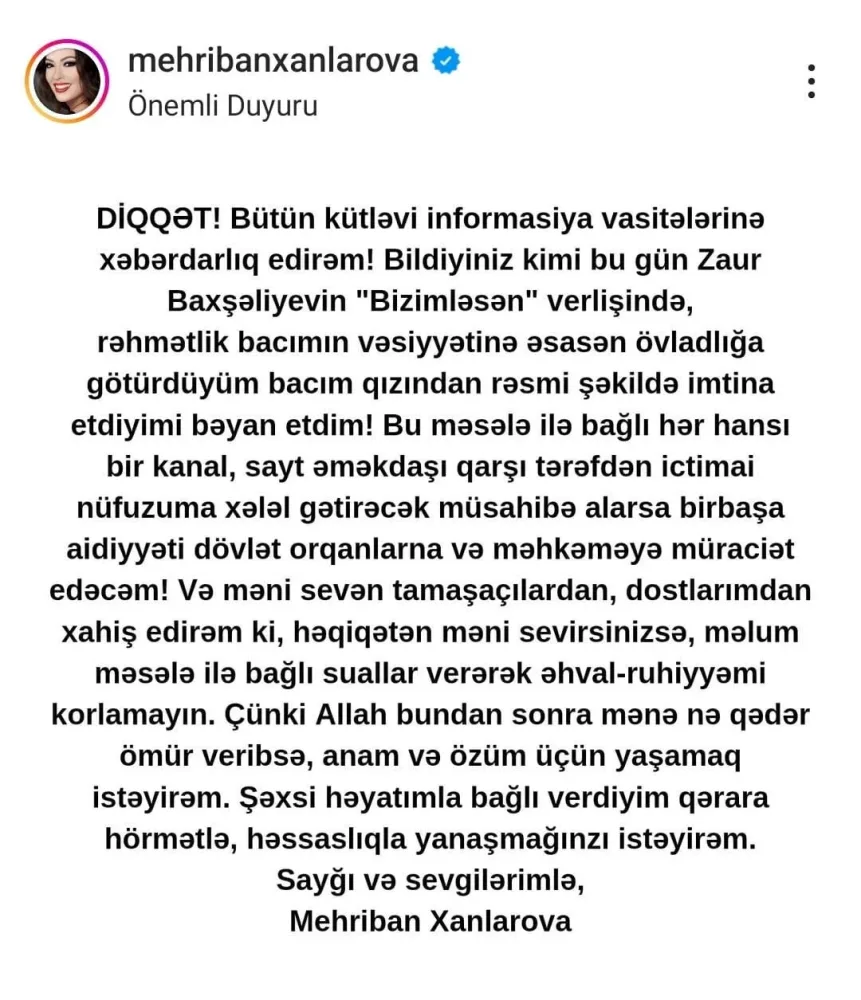 Əməkdar artist qızından İMTİNA ETDİ