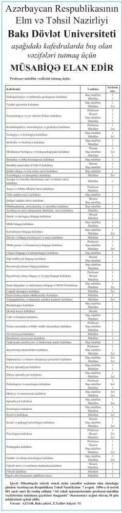 BDU-da işləmək istəyənlərin nəzərinə! - VAKANSİYALAR