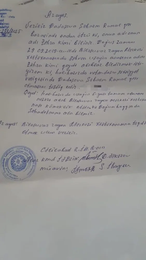 Doğum evində anasının adı səhv yazıldı - Məktəbə qeydiyyata düşə bilmir