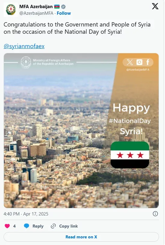 Azərbaycan XİN Suriyanı təbrik etdi