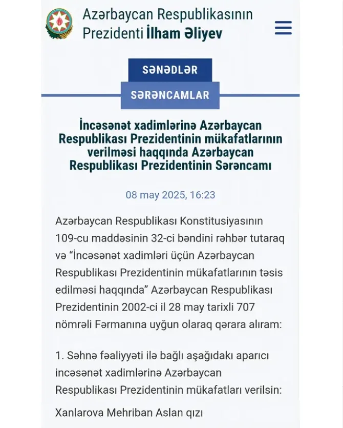 Mehriban Xanlarova Prezidentə təşəkkür etdi