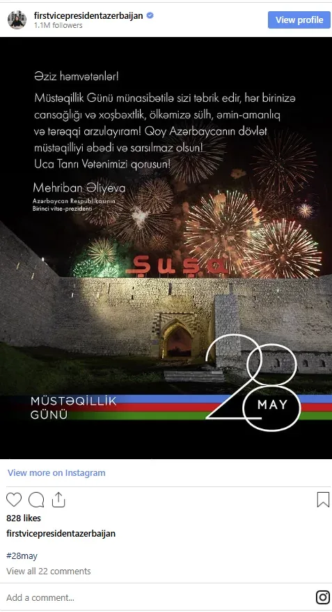 Mehriban Əliyeva Müstəqillik Günü münasibətilə paylaşım etdi