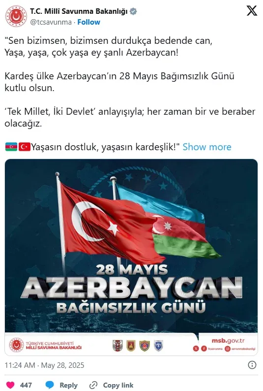 Türkiyə Milli Müdafiə Nazirliyi Azərbaycanı təbrik etdi