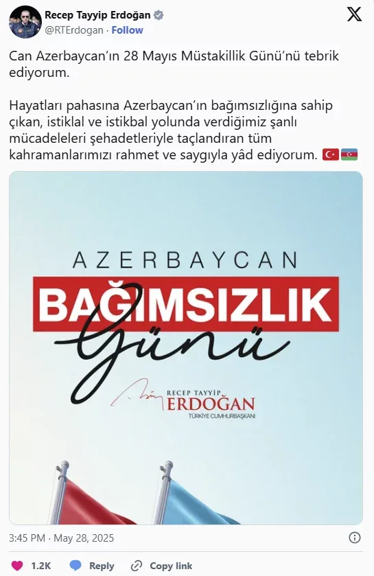 Ərdoğan Müstəqillik Günü ilə bağlı paylaşım etdi