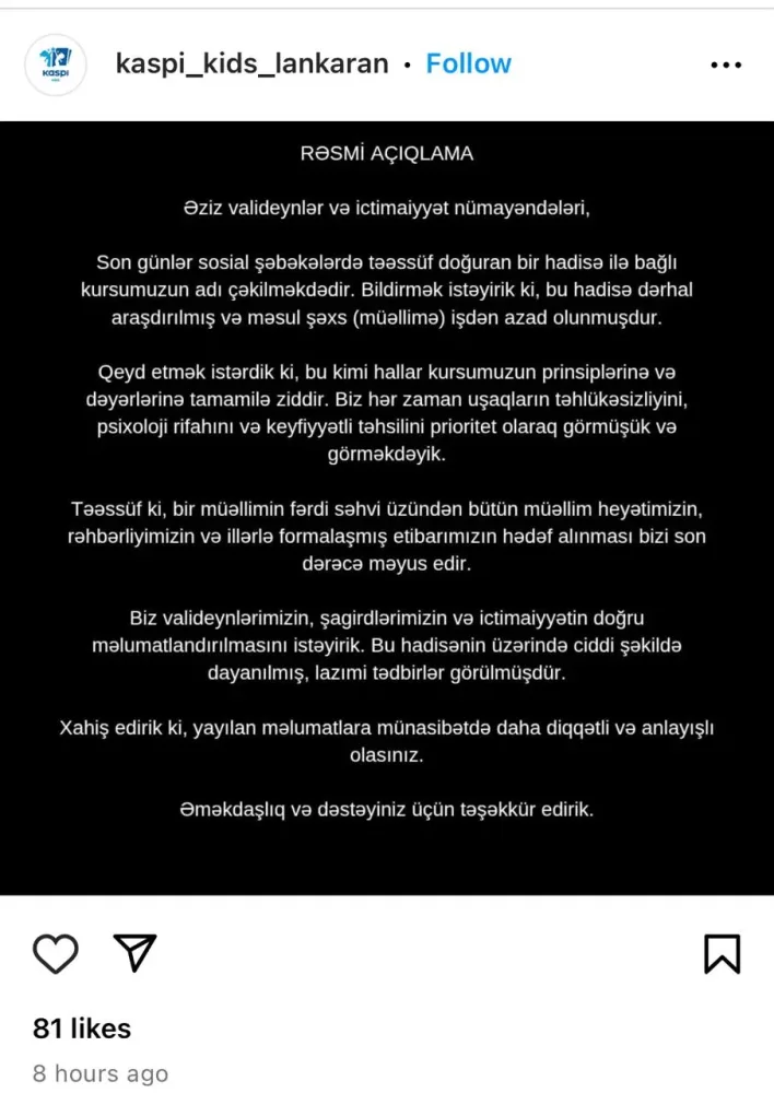 Lənkəranda bağçadakı hadisə ilə bağlı - ARAŞDIRMA BAŞLANDI