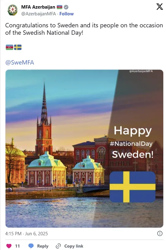 XİN İsveçi təbrik etdi