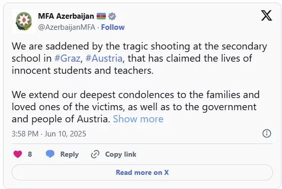 Azərbaycan XİN Avstriyaya başsağlığı verdi