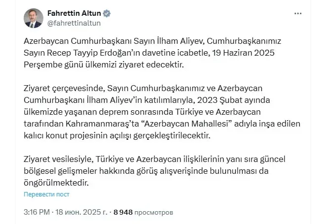 İlham Əliyev sabah Türkiyəyə gedəcək