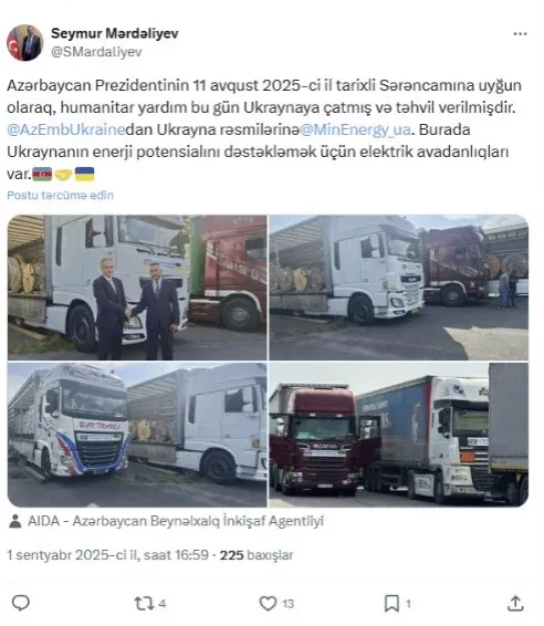 Azərbaycandan göndərilən humanitar yardım Ukraynaya çatdı